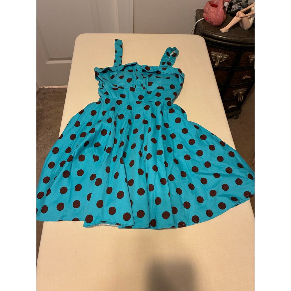 Venigz Polka Dot Dress Teal Brown Fit Flare Tie Waist Retro Pin Up vintage style